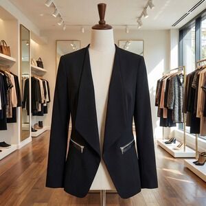 H&M Black Collarless Blazer Jacket Faux Leather Zip Pocket Detail Chic Womens 10